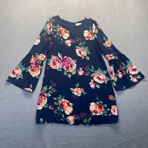 EVERLY Dress Women Size M Floral Shift Blue,Bell Sleeve, Back‎ Zip Lined,Preppy